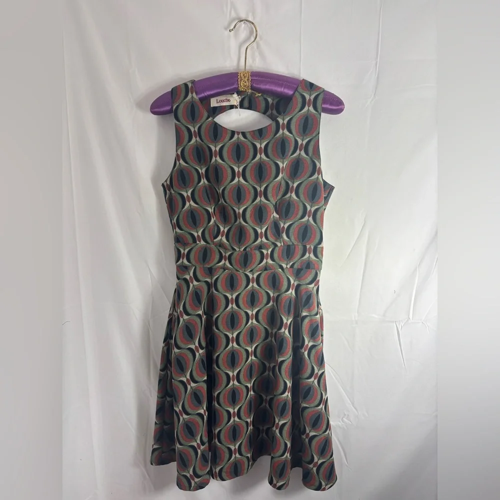 ANTHRO Louche Sleeveless Boho Art Deco Open Back Retro Midi Skater Dress Size S - Picture 2 of 13